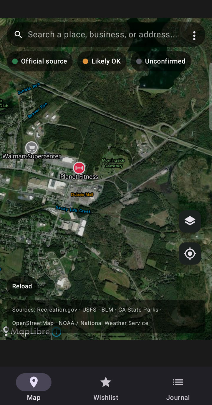 Boonpoint map with legality chips and pins for rest areas, gyms, and overnight parking