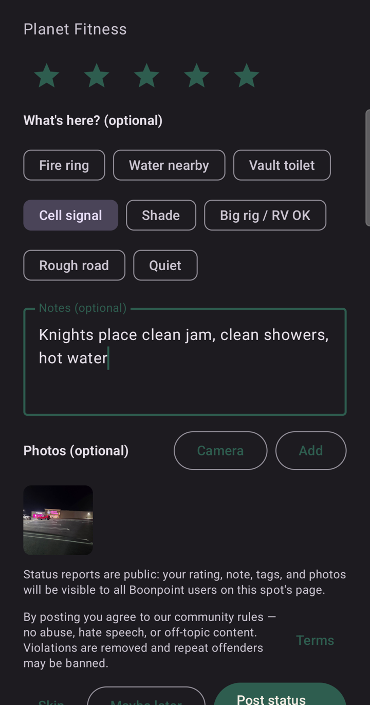 Status report sheet for a gym with five stars, amenity tags, notes, and a photo attached