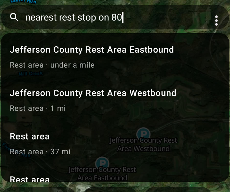 Search results for 'nearest rest stop on 80' showing two rest areas under a mile away